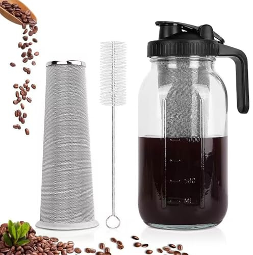 WGFOIP de Infusión en Frío con Filtro, Jarra de Vidrio Grueso con Boquilla, Tapa y Asa para Preparar café helado. (2000 ml)