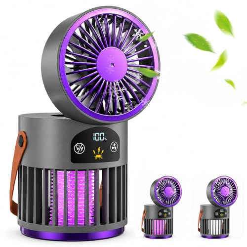 Yaskyly Portable Table Fan with Anti-mosquito Lamp, USB Rechargeable Small Fans, Personal Cooling, 5 Speeds Oscillating Outdoor Fan, Ultra Quiet Desktop Fan for Office Dorm