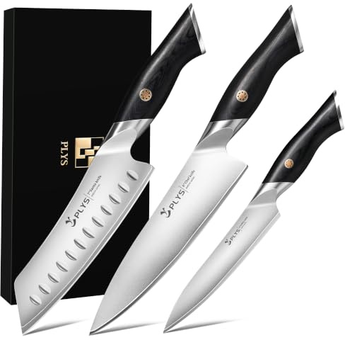 Plys Set di Coltelli da Cucina 3 Pezzi, 10cr15mov, Manico in Legno Pakka | Include Un Coltello da Chef, Un Coltello Santoku e Un Coltello Multiuso, Confezione Regalo