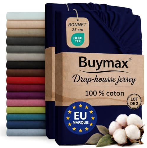 Buymax® Sábana Bajera Ajustable 160x200 cm – Pack de 2, 100% Algodón Jersey, Bolsillo Profundo 30 cm con Goma Elástica, Azul Marino