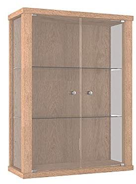 K-Möbel Väggvitrinskåp (80x60x25cm) - Tillverkad i Tyskland - Väggmonterat vitrinskåp med 2 höjdjusterbara hyllor i ESG-glas i winchester ek - Skåp med dörrar - Väggvitrin - Skåp