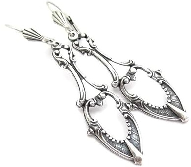 Art Deco Design Earrings Antiqued Silver-tone Dangle Bridesmaid Gift Bridal Wedding