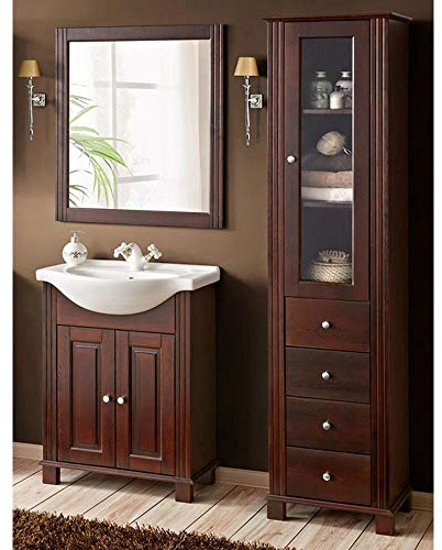 Lomadox Badmöbel Set inkl. 65 cm Keramik-Waschbecken, im Landhausstil, Pinie Massivholz braun, B/H/T ca. 150/180/44cm