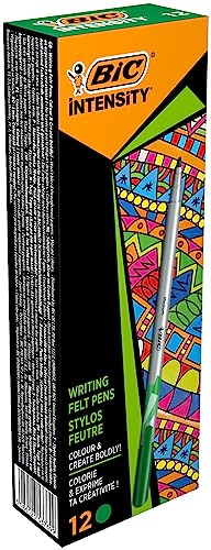 BIC Intensity Fineliner, Filzstifte Set mit 12 Stiften in Grün, mit mittlerer Spitze, Ideal für das Büro, das Home Office oder die Schule