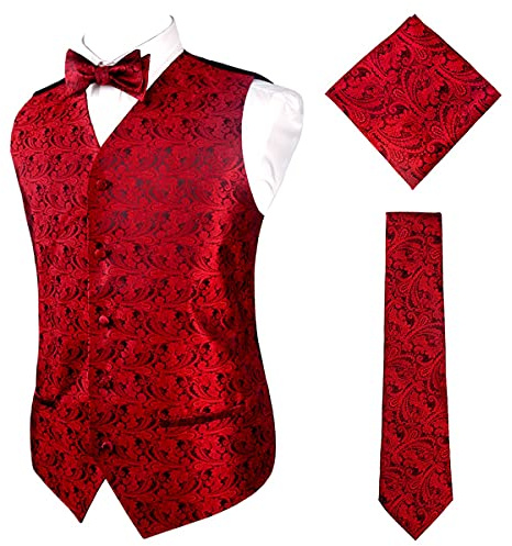 Alizeal Mens Classic 4pc Paisley Jacquard Waistcoat Suit Vest Set, Wine Red-2XL