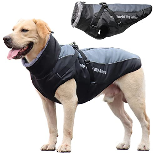 Abrigo para Perro Impermeable Chaqueta Abrigadora de Invierno Mediano Grande Chaleco para Perros Resistente al Viento Traje de esquí Capa de Mascotas con Tiras Reflectantes Seguras & Arnés Ajustable