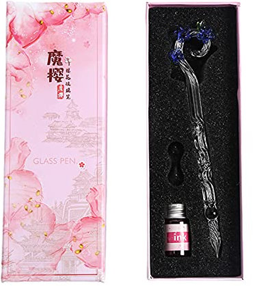 KingbeefLIU Set aus Glas-Tauchstiften, Stift zum Schreiben in Blumenform, Stift zum Tauchen aus Kristallglas, tragbar, Geschenk für Studenten, Blau