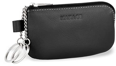 MANAGE Leder Schlüsseletui Schwarz mit Münzfach und Schlüsselring - Schlüsselmäppchen mit Reißverschluss Damen und Herren für Schlüssel Autoschlüssel - keychain Schlüsseltasche Schwarz