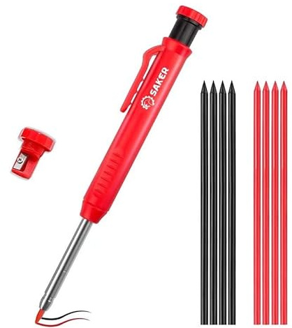 Saker Multifunktionales Anreißwerkzeug Aktualisierung- Multifunktions Baustift- Zimmermannsbleistift, Anreißwerkzeug mit Tieflochstift, DIY Holzbearbeitungs (Roter Bleistift + 8 Bleistiftminen)