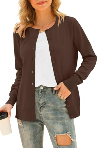 YUNDAI Womens Round Neck Button Down Long Sleeve Lightweight Knit Cardigan | Soft lightweight knit cardigan, round neck & button closure, long sleeve relaxed fit for spring fall daily casual outfits