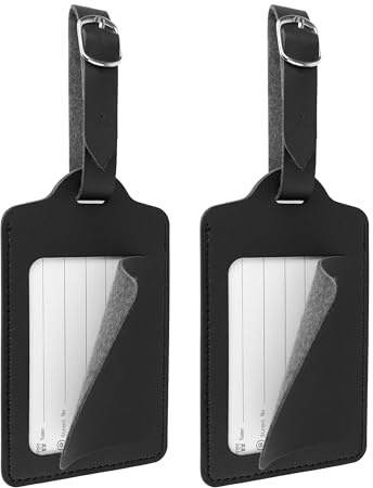 Kofferanhänger mit Adressschild, 2 Pack, in Schwarz, elegantes Kunstleder mit Abdeckungsschutz, für Flugreise, Kreuzfahrt, Namensschild Koffer Anhänger, Luggage Bag Tag, Adressanhänger Reise Aufhänger