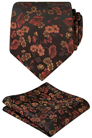 Alizeal Mens Small Floral Patterned Tie & Hanky Set, Black+Burgundy+Orange