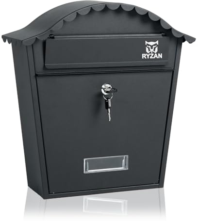 RYZAN Wall Mounted Waterproof Mailbox Steel Post Box Classic Design Parcel Box Letter Box Parcel Box for Mail Outdoor Letterbox With 2 Keys 37 x 13 x 36cm, Black