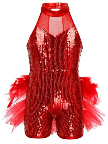 Nyeemya Mädchen Pailletten Tanz Kostüm Hip Hop Latein Salsa Kleid Stehkragen Tanzanzug Jumpsuit mit Shorts Giltzernde Gymnastikanzug Rot 134-140
