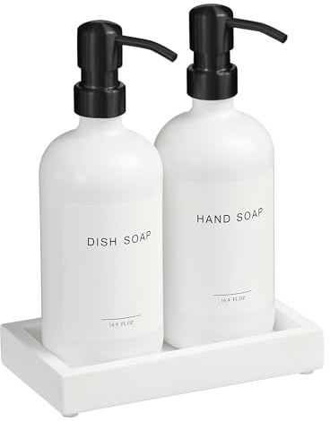 Dispensador de jabón de Vidrio con Bomba y Bandeja de hormigón, dispensador de jabón Vintage para baño y Cocina, con jabón para Platos, jabón de Manos, loción, Etiquetas Impermeables (Botellas