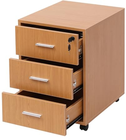 NICEME Under skrivbordslådor förvaringsenhet med 3 lådor, mobil arkivskåp piedestallådor på hjul, rullande kontorsskåp för förvaring under skrivbord, tillverkad av MDF (bok)