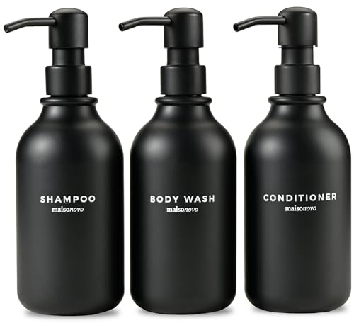 MaisoNovo 16 oz plastschampo och balsamdispenser set med 3 w/pump i rostfritt stål | svart tvåldispenser badrum | påfyllningsbara schampo och balsamflaskor, pumpflaskdispenser för dusch
