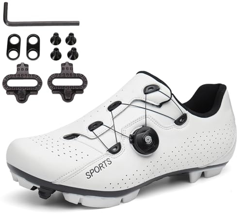 PENXZT MTB Schuhe Herren, Fahrradschuhe Mountainbike Schuhe kompatibel mit 2-Bolts SPD Cleats Unisex Radsportschuhe Rennradschuhe,Weiß,47 EU