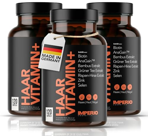 IMPERIO Haarvitamin+ Haar Vitamine hochdosiert mit AnaGain™, Biotin, Zink & Selen zur Stärkung des Haarwachstums - 120 Haut, Haare, Nägel Kapseln - Deutsche Herstellung (3 Dosen (6-Monatspackung))