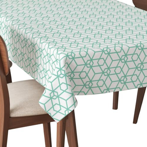 HEKO PANELS Tischdecke 140 x 110 cm Abwaschbar Tischtuch Gartentischdecke Fleckschutz Wasserabweisend Tafeldecke Geometrisches Muster Weiß Türkis