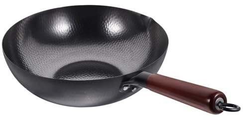 MAGICLULU Padella Wok Tradizionale in Ferro 32 Cm Spessa Manico in Legno, Wok Da Cucina Multiuso Per Friggere e Cuocere a Vapore, Resistente e Conduzione Uniforme Del Calore Per Uso Domestico
