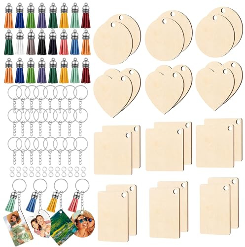 WestCH 96 Stücke Schlüsselanhänger für Holz Personalisierte Holzanhänger | Schlüsselanhängerchen Naturholz Holz Schlüsselanhänger Blanko DIY für Basteln Dekorieren Malerei (4 Formen)