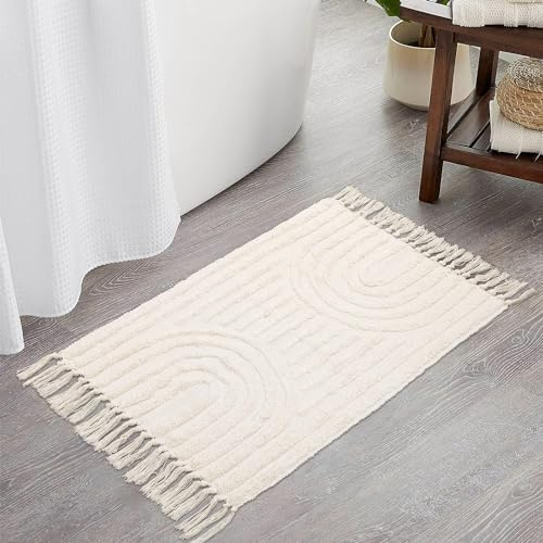 INKAROBOX Tappeto da bagno in stile bohémien da cucina in cotone per camera da letto/lavanderia, tappeto tessuto (beige Rainbow, 60 x 90 cm)