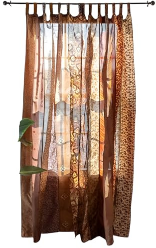 KRAAFTY Ljusfiltreringsgardiner – sidenblandning sari genomskinliga draperier för fönster- och dörrpaneler, elegant avdelare och inredning för hemmakontor, sängtak, blandade tryck (213 x 110 cm, brun)