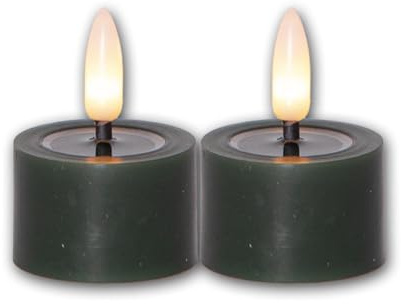 Star Trading 060-04 LED-Echtwachs-Kerze Flamme Flow, 2er Set dunkelgrün, Wachsspiegeloptik, je 4 x 5 cm, naturgetreue Flamme, inkl. Batterie, Timer, Vierfarb-Karton
