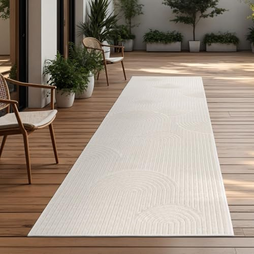 TT Home Outdoor Läufer 80x150 cm Creme, Wetterfest & Robust, Boho Japandi Design mit Geometrischer 3D-Optik, für Flur, Balkon & Küche