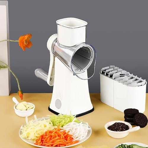 Rotary Cheese Grater, Manual Speed Vegetable Slicer with 5 Replaceable Stainless Steel Drum Blades & Strong Suction Base & Handle, Faster and Easy to Use for Vegetable, Cheese, Chocolate (White)