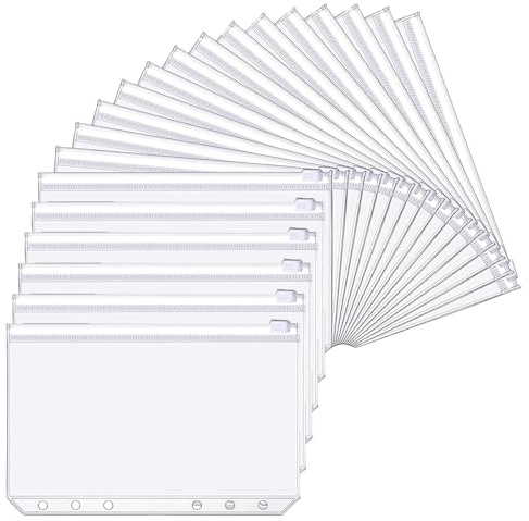A5 Binder Taschen,20 PCS PVC 6 Löcher Binder Dokumententasche A5 Reißverschluss Ordner Wasserdicht Kunststoff Bindertaschen für Notebook-Planer Einlegeseiten Loseblattbeutel Foto