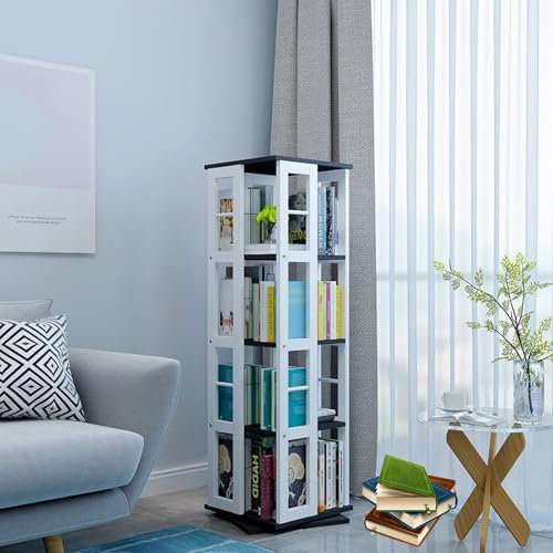 360° drehbares Eck-Bücherregal, Turm mit Metallrahmen, Holzausstellungsregal für kleine Räume, 4 Etagen, bodenstehend, drehbar, Bücherregal, Nizer (weiß, 15,7 x 15,7 x 51 cm)