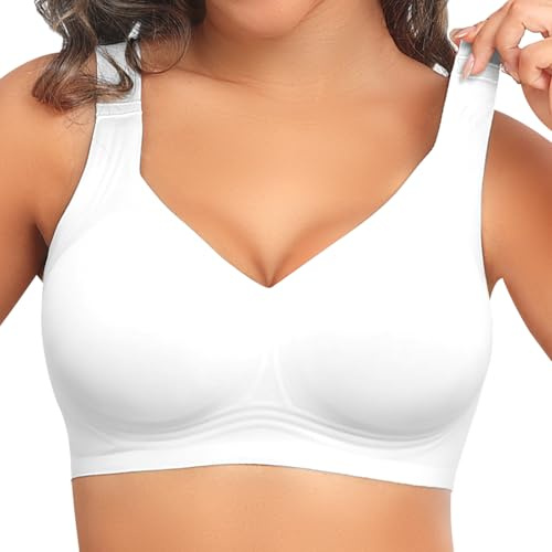 PoseFree Womens Bras No Underwire Full Support Back Fat Smoothing Bralette Wireless Push Up Plus Size T-Shirt Bra (White,L)