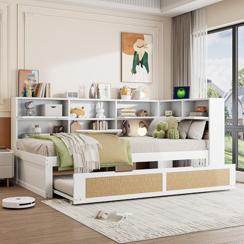 Daybett Einzelbett Bett 90x200, Tagesbett mit Ausziehbett und Stauschrank & Bücherregal, Kinderbett mit Ladebuchse, Holzbett Jugendbett Funktionsbett, Bettgestell mit Lattenrost, Ohne Matratze, Weiß