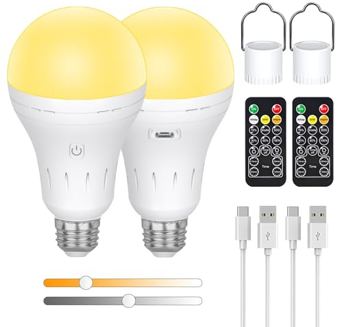 I-SHUNFA Bombilla Recargable USB-C Con Mando a Distancia, AC100-240V Smart E27 LED 9W, Bombillas Recargables Regulables Táctiles de 3 Colores, Luz de Emergencia Para Exteriores de 2200mAh, Pack de 2