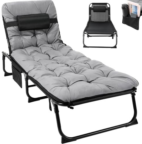 LIFERUN XL Sonnenliege Klappbett Campingbett mit Wasserdicht Matratze, Gästebett klappbar mit Verstellbarer Rückenlehne Kopfstütze Seitentasche, Gartenliege, für Garten, Sonnenbaden, Büro,Camping