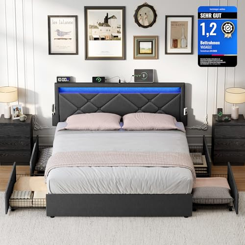VASAGLE Doppelbettgestell, Metallbett, LED, 4 Schubladen, Ladestation | Passend für 180 x 200 cm Matratze, verstellbares gepolstertes Kopfteil, schiefergrau, MAZEY Kollektion RMB825GN02