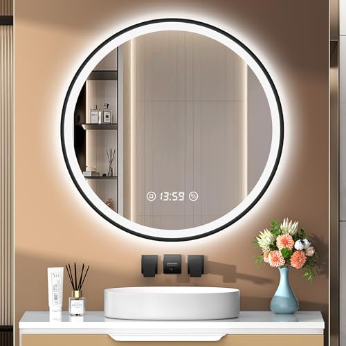 PESENXAN 70cm Runder LED Spiegel mit Beleuchtung und Uhr - Schwarzgerahmt, Antibeschlag, Dimmbar, 3 Lichtfarben, Touch-Schalter, Speicherfunktion, Energiesparend