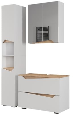 Vicco Badmöbel-Set Marelle, Weiß, 80 cm | besteht aus Waschbeckenunterschrank, Spiegelschrank und Hochschrank