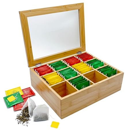 AH® Teebox aus Bambus mit 12 Fächern – Teekiste zur Teebeutel Aufbewahrung mit Sichtfenster & Magnetverschluss, HBT: 9 x 29 x 24 cm, Natur | Teebeutel Aufbewahrung für bis zu 120 Teebeutel – HBT: 9 × 29 × 24 cm, Tee Organizer mit Magnetverschluss für Genuss
