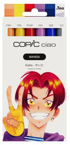Copic Ciao MANGA Set Kaito, Marker Set mit 5 warmen Orange- und Blautönen inkl. 1 Multiliner 0,3 mm in Violett, Twin Marker mit einer mittelbreiten und einer Brush Spitze
