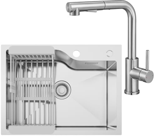 CECIPA 60 x 45 cm Évier avec L robinet de cuisine amovible, évier de cuisine, 1 baignoire en acier inoxydable, pour meuble de 60 cm