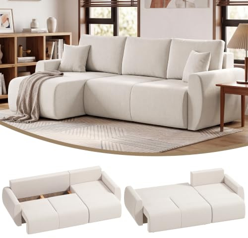 HOMCOM Ecksofa mit Schlaffunktion, L-Form 3-Sitzer Sofa, Cremeweiß | Umkehrbare Chaiselongue, 2-in-1 Schlafsofa, mit Kissen, Veloursbezug, Schlafcouch, für Wohnzimmer, Hergestellt in der EU
