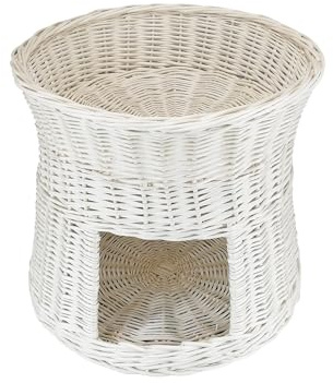 Katzenkorb zum Schlafen – Katzenhütte Indoor – Größe: 50 cm rund – Katzenhöhle aus Weide – Zweistöckiges Katzen oder Hundebett in Weiß – Ohne Kissen
