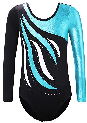 Gymnastics Leotards for Girls Long Sleeve Sparkle Leotard Shiny Athletic Ballet Dance Leotards B183 Black Blue 8A