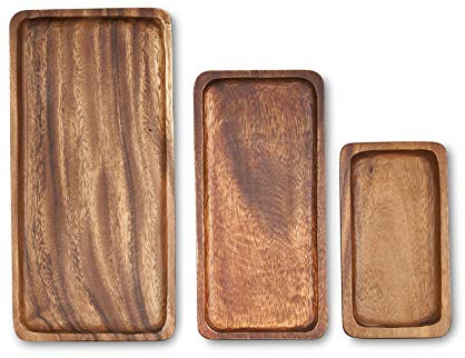 levandeo 3er Set Tablett rechteckig 30cm 25cm 18cm Holz Akazienholz Holzschale Snackschale Natur Braun Unikat Schale Holzteller Dekoschale