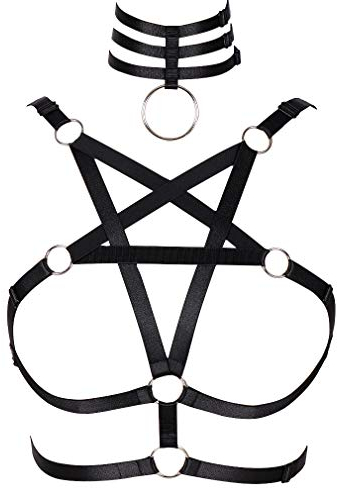 PETMHS Frauen Riemchen Harness BH Punk Pentagramm Körper Brust Bandage Dessous Aushöhlen Rahmen Crop Tops Bralette Plus Size Taille Strumpfgürtel Set Goth Rave Halloween Kleidung (schwarz)