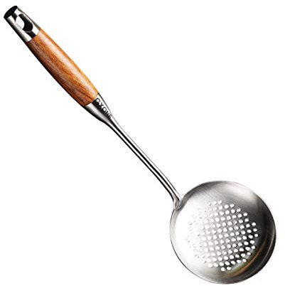 GXONE Slotted Spoon,304 Stainless Steel Skimmer Spoon with Heat Resistant Wooden Handle,Silver/15.8Inch