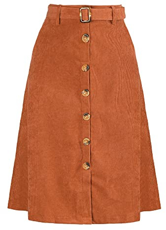 Allegra K Women's Button Front High Waist A-Line Belted Corduroy Midi Skirt